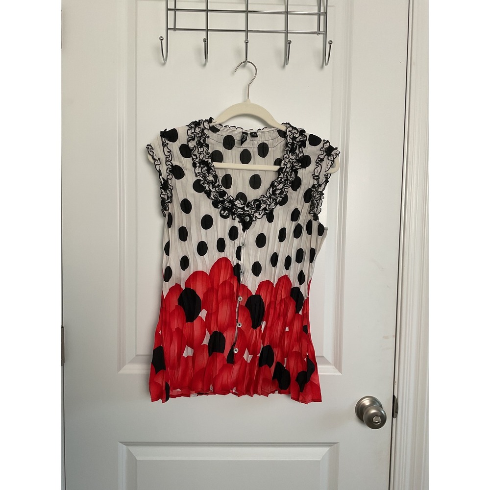 Milano Polka Dot Blouse Sleeveless Ruffle Trim Button Down‎ Top M